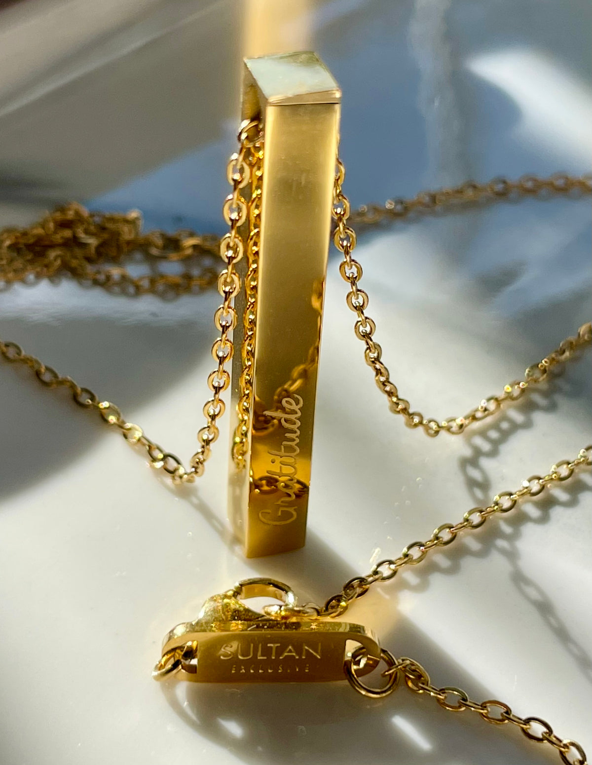 Gratitude/Shukr 3-D Gold Bar Necklace